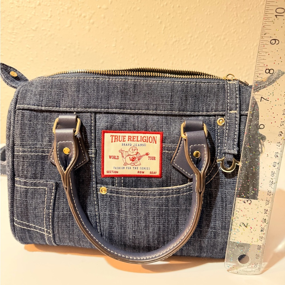 True Religion Dark Denim Satchel with Brown Trim and Gold Hardware